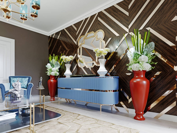 Синий дизайнерский комод с зеркалом и декором, две красные большие вазы с цветами, деревянные стены с золотыми акцентами. 3D рендеринг
 - Фото, изображение