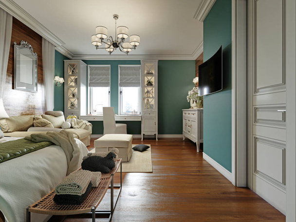 Υπνοδωμάτιο με καναπέ-κρεβάτι και τραπέζι δίπλα στο παράθυρο, εσωτερικό στυλ Προβηγκίας με λευκά έπιπλα και μπλε τοίχους. 3D απόδοση - Φωτογραφία, εικόνα
