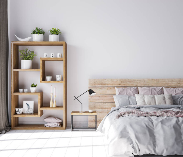 Acogedora zona de dormitorio en apartamento de madera con pared gris vacía y planta verde. Mock up en el interior de casa escandinava
  - Foto, Imagen
