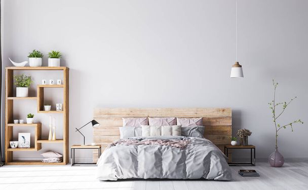 Cozy chambre à coucher dans un appartement en bois avec mur vide gris et plante verte. Maquette en intérieur scandinave  - Photo, image