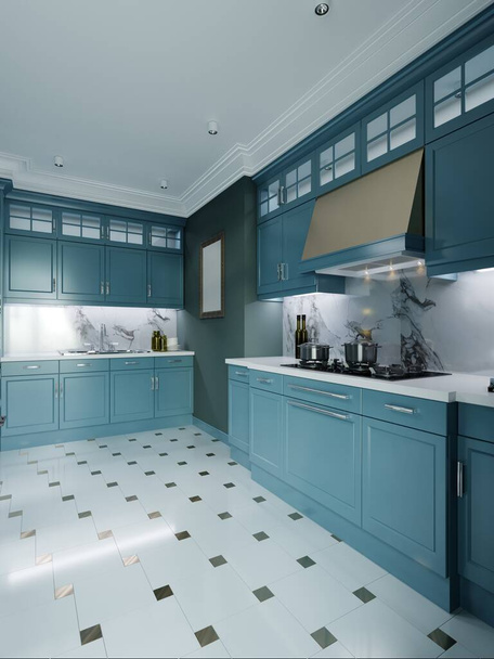 Μοντέρνα έπιπλα κουζίνας, σκούρο τυρκουάζ χρώμα. Προβηγκία εσωτερικό κουζίνα σε μοντέρνο σχεδιασμό, ξεθωριασμένο κοράλλι, πράσινο χρώμα. 3D απόδοση. - Φωτογραφία, εικόνα