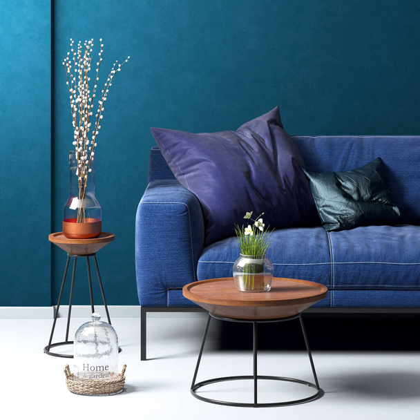 Close up pro moderní stylový obývací pokoj a modré stěny textury pozadí interiéru - Fotografie, Obrázek