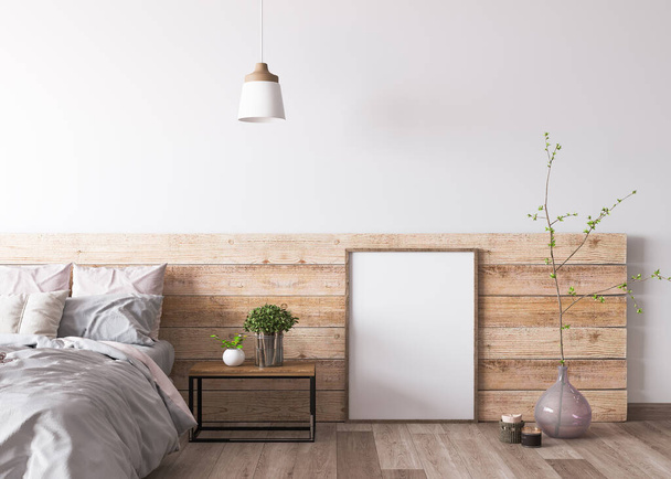 Gemütliche Schlafzimmerecke in Holzwohnung, Nahaufnahme für leeren Rahmen und grüne Pflanze. Gestell-Attrappe im skandinavischen Innenraum  - Foto, Bild