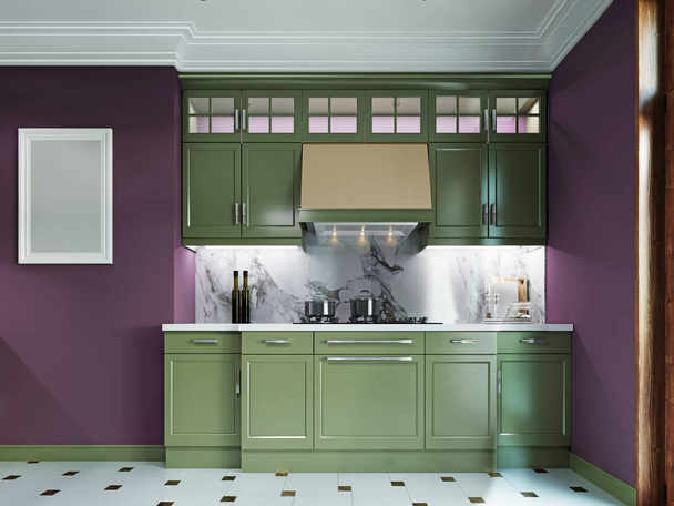 Muebles de cocina verde en un interior de cocina borgoña. Piso de baldosas blancas con acentos dorados. Renderizado 3D
. - Foto, imagen