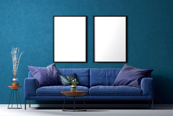 μακιγιάροντας πλαίσιο αφίσας στο σύγχρονο εσωτερικό σαλόνι φόντο, σύγχρονο στυλ, 3D καθιστούν - Φωτογραφία, εικόνα