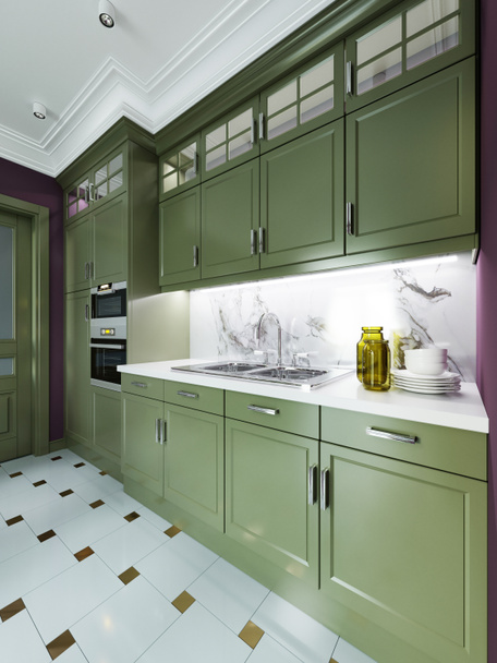 Зеленая кухонная мебель в буржуазном интерьере кухни. Пол белый плитка с золотыми акцентами. 3D рендеринг
. - Фото, изображение