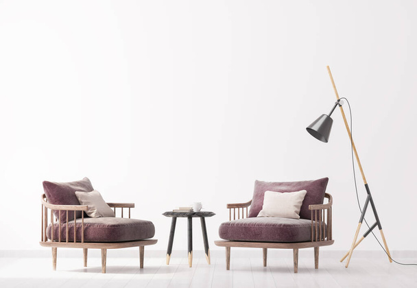 Fényes modern belső nappali, padlólámpa és fa éjjeliszekrény. Skandináv stílus, fehér belső háttér. Fényes elegáns szoba gúnyolódik. 3d renderelés - Fotó, kép