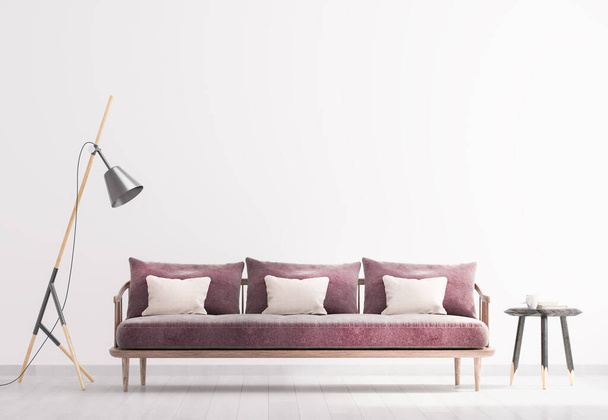 Světlý moderní obývací pokoj, podlahová lampa a dřevěný postranní stůl. Skandinávský styl, bílé pozadí interiéru. Světlý stylový pokoj se předvádí. 3D vykreslení - Fotografie, Obrázek