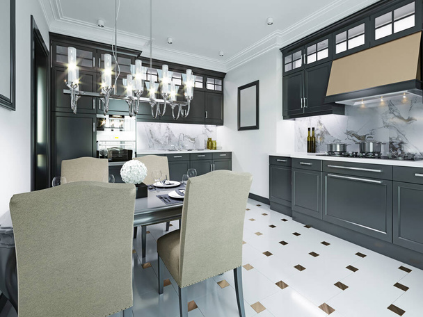 Schwarz-weiße Küche im klassischen Stil. 3D-Rendering. - Foto, Bild