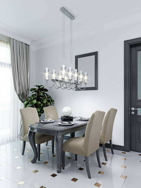 Table à manger noire avec quatre chaises douces en beige. L'intérieur est dans un style classique. rendu 3D. - Photo, image