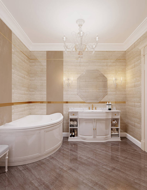 Baño de estilo clásico con inodoro y bidet en beige y amarillo. Renderizado 3D
. - Foto, Imagen