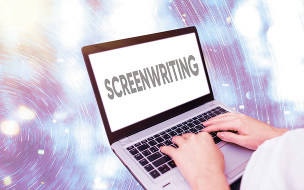 Handwriting text writing Screenwriting. Concept meaning the art and craft of writing scripts for media communication Modern gadgets with white display screen under colorful bokeh background. - Photo, Image