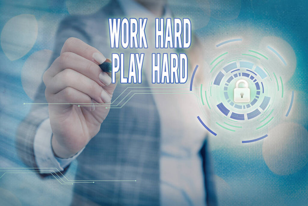Writing note showing Work Hard Play Hard. Business photo showcasing diligent in any activity Party at weekends Hardworking Graphics padlock for web data information security application system. - Photo, Image