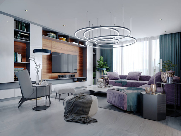 New design of multi-colored living room in contemporary style. Purple furniture, white and black cabinets and shelves, blue walls and wooden planks. 3D rendering. - Photo, Image