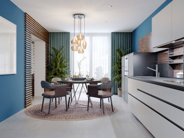 新しいモダンなスタイルでダイニングテーブルと豪華な多色のキッチン。白、黒と茶色の家具、青の壁。3Dレンダリング. - 写真・画像