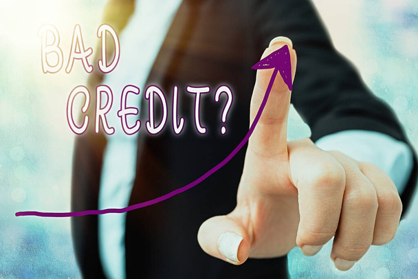 Writing note showing Bad Credit Question. Business photo showcasing a bad credit score due to nonpayment of loans Digital arrowhead curve denoting growth development concept. - Photo, Image