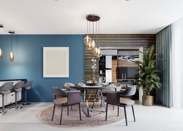 Mesa de comedor redonda de diseño con cuatro sillas y una lámpara de araña sobre la mesa en el interior de una cocina moderna. Renderizado 3D
. - Foto, Imagen