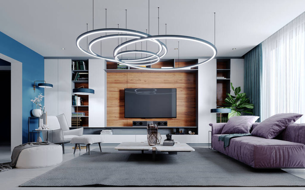 Új design sokszínű nappali kortárs stílusban. Lila bútorok, fehér és fekete szekrények és polcok, kék falak és fa deszkák. 3D renderelés. - Fotó, kép