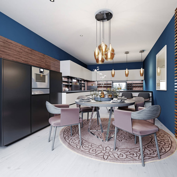 Luxusní vícebarevná kuchyň s jídelními stoly v novém moderním stylu. Nábytek v bílé, černé a hnědé, stěny modré. 3D vykreslování. - Fotografie, Obrázek