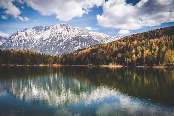 besneeuwde berg met een herfstkleurig bos en een reflectie in een meer - Foto, afbeelding