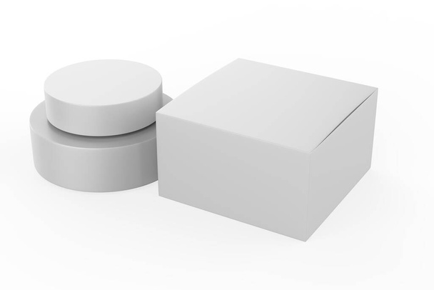 Tarro cosmético con caja de embalaje maqueta aislado sobre fondo blanco - ilustración 3d - Foto, imagen