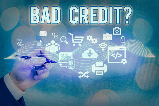 Kötü Kredi Sorusu 'nu gösteren metin işareti. Kavramsal fotoğraf, kredilerin ödenmemesinden kaynaklanan kötü bir kredi notu Dijital teknoloji ağı bağlantı bilgileri simgesi. - Fotoğraf, Görsel