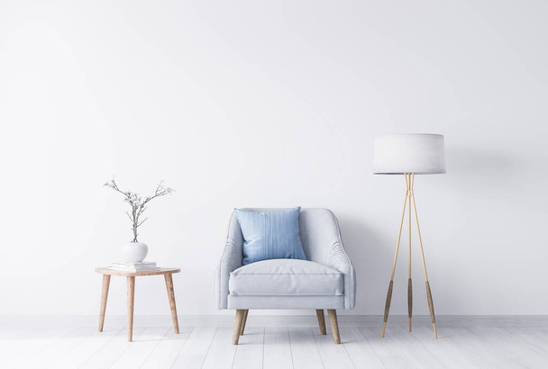 Стильное кресло рядом с деревянным журнальным столиком с белой вазой, ярко-серые и синие цвета в модном интерьере гостиной. Скандинавский стиль макет с пустой стеной
 - Фото, изображение