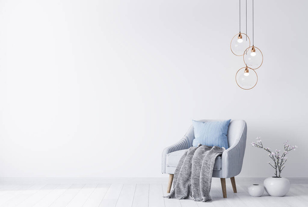 Interno finto per soggiorno, moderna poltrona blu su sfondo bianco. Stile minimale. accessori alla moda. - Foto, immagini