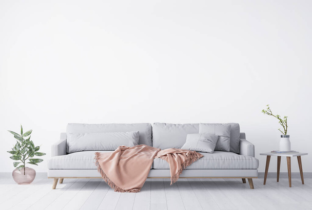 Bright interior design of living room with stylish furniture on white background, home decor, mock up interior - Foto, Imagem