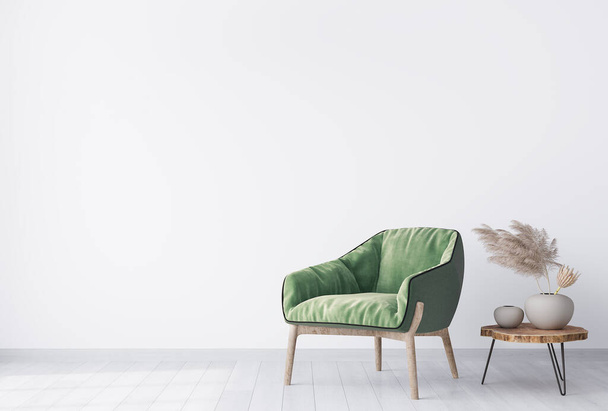 Koti sisustus juliste mallina, moderni skandinaavinen konsepti tyyli. Puinen sivupöytä kuivattuja kukkia sisustus, valkoinen seinä tausta. 3D-renderointi. - Valokuva, kuva