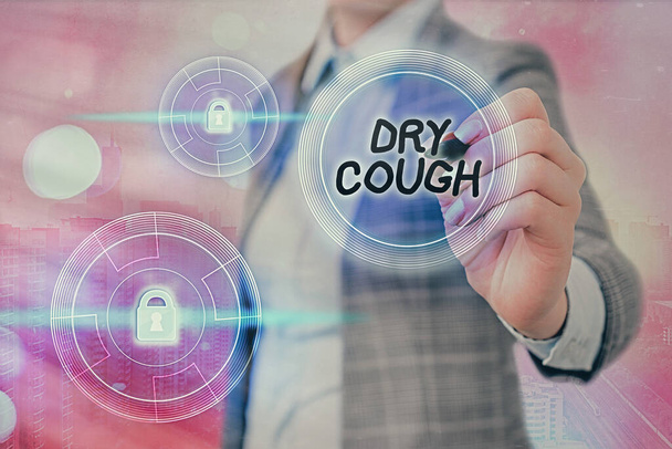 Text sign showing Dry Cough. Conceptual photo cough that are not accompanied by phlegm production or mucus Graphics padlock for web data information security application system. - Photo, Image