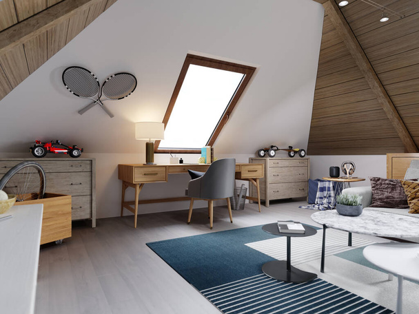 La conception de la chambre d'enfant pour l'adolescent sur le grenier est dans le style loft, le plafond est ourlé de bois et les murs sont blancs. rendu 3D. - Photo, image