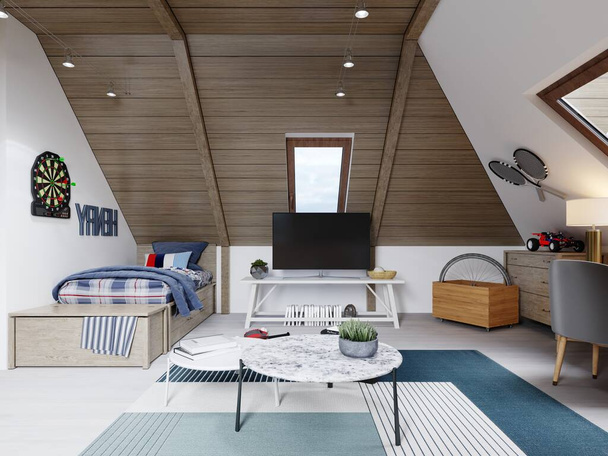 屋根裏部屋の10代の若者のための子供部屋のデザインはロフトスタイルで、天井は木で強調され、壁は白です。3Dレンダリング. - 写真・画像