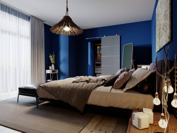 Modern bedroom in boho design, with blue walls and loft furniture. 3D rendering. - Foto, afbeelding