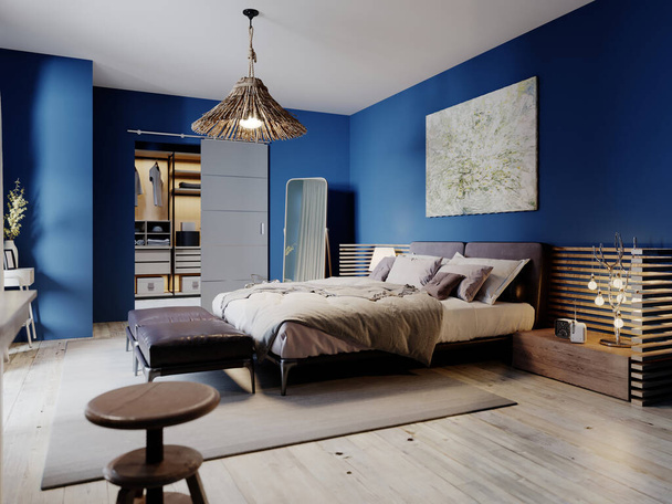Modna nowoczesna sypialnia w stylu poddasza z niebieskimi ścianami i rustykalnymi meblami. Renderowanie 3D. - Zdjęcie, obraz