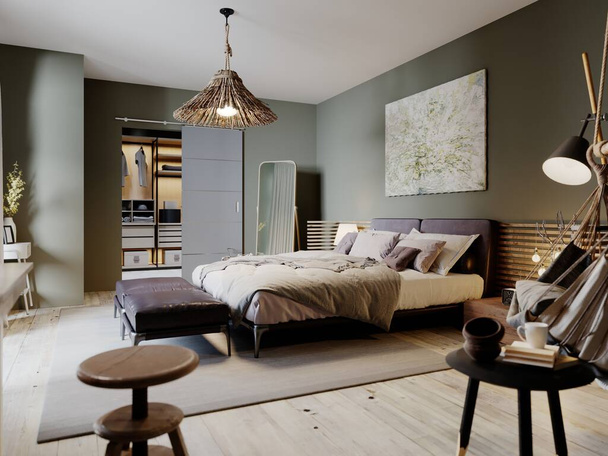 Moderne loft slaapkamer met een trendy bed en hangstoel. 3D-weergave. - Foto, afbeelding