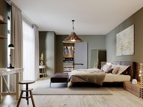 Suunnittele trendikäs perinteinen makuuhuone roikkuu tuoli ja ottomaanit sängyn vieressä. 3D-renderointi. - Valokuva, kuva