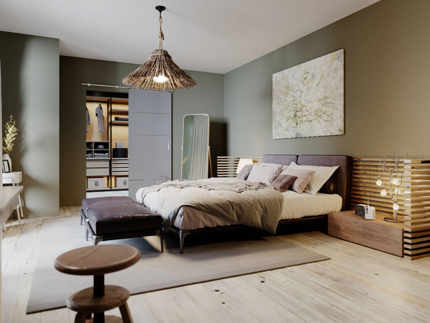 Entwerfen Sie ein trendiges Schlafzimmer im traditionellen Stil mit Hängesessel und Hockern am Bett. 3D-Rendering. - Foto, Bild