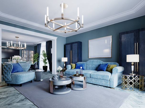 Розкішна модна вітальня в синьому і світло-блакитному кольорах класичного стилю. М'які сині меблі, крісло, диван, шафа, журнальний столик. 3D візуалізація
. - Фото, зображення