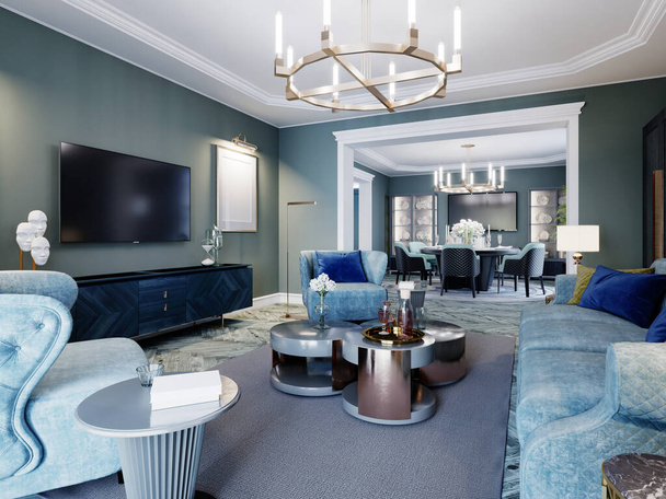 Luxe modieuze woonkamer in blauwe en lichtblauwe kleuren klassieke stijl. Opgepoetste blauwe meubels, fauteuil, bank, kledingkast, salontafel. 3D-weergave. - Foto, afbeelding