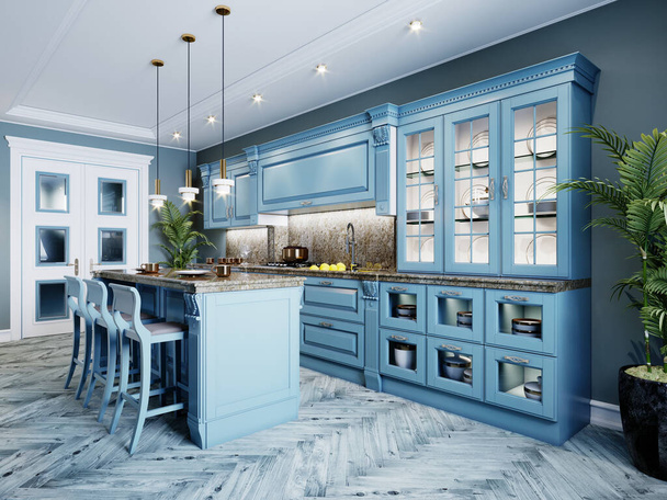 Modieuze keuken met blauwe muren en blauwe meubels, een keuken in een moderne klassieke stijl. 3D-weergave. - Foto, afbeelding