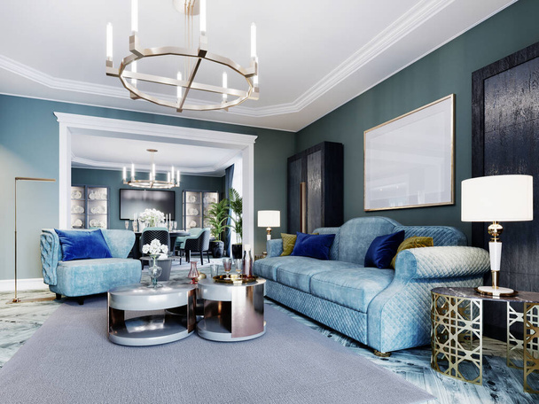 Luxueux salon à la mode dans un style classique bleu et bleu clair. Meubles bleus rembourrés, fauteuil, canapé, armoire, table basse. rendu 3D. - Photo, image