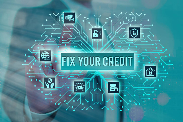 Kredi kartınızı düzeltin yazan metin işareti. Kavramsal fotoğraf kredi veya ipotek almak için notunuzu yükseltir ya da yükseltir. - Fotoğraf, Görsel