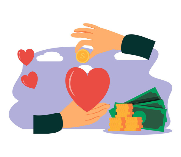 Philanthropy vector illustration. Flat tiny voluntary charity persons concept. Symbolic love of humanity as nonprofit social teamwork. Support contribution, gifts and abstract public good improvement. Vector illustration - Vector, Image