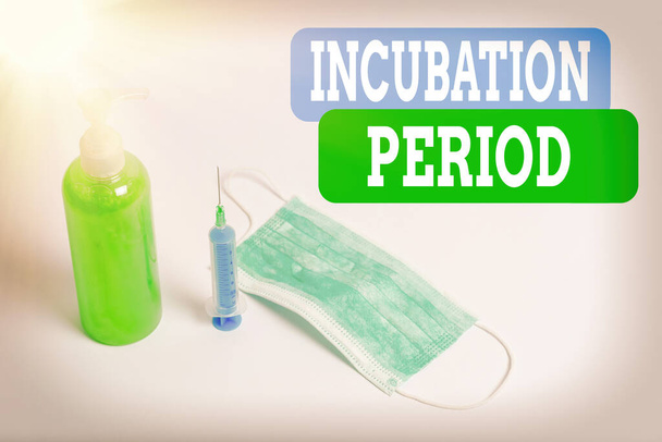 Writing note showing Incubation Period. Business photo showcasing time elapsed starting from getting exposed to an infectious agent Primary medical precautionary equipments for health care protection. - Photo, Image