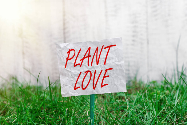 Conceptual hand writing showing Plant Love. Business photo showcasing a symbol of emotional love, care and support showed to others Plain paper attached to stick and placed in the grassy land. - Photo, Image