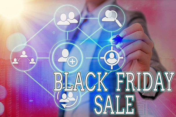 Writing note showing Black Friday Sale. Business photo showcasing Attract the buyers with Exclusive product s is lower price. - Photo, Image