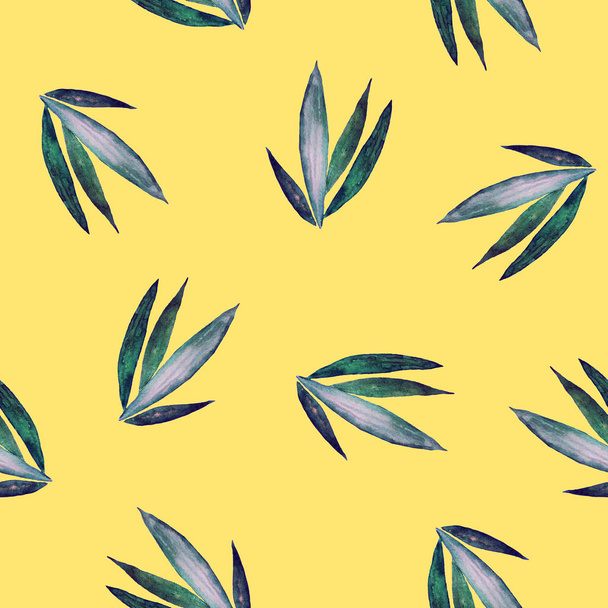 Abstract decorative seamless pattern with watercolor tropical leaves. Colorful hand drawn illustration. Hawaiian summer exotic print. - Photo, Image