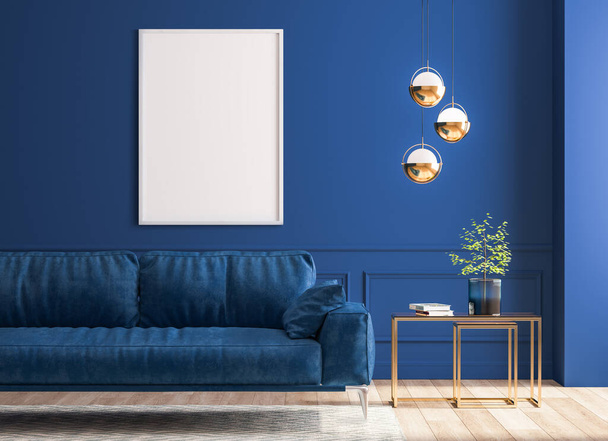 Elegante salón interior en color de moda. Marco vacío en la plantilla de fondo de pared azul. 3d renderizar
 - Foto, imagen