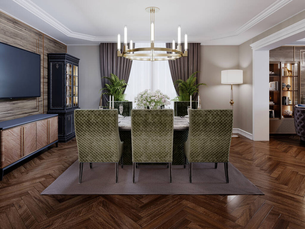 Luxe trendy eetkamer interieur in art deco stijl, beige interieur met groene meubels. Rechthoekige tafel met zes stoelen. 3D-weergave. - Foto, afbeelding